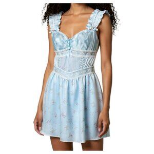 For Love & Lemons Ellery Slip Dress Baby Blue Lace Trim Satin S